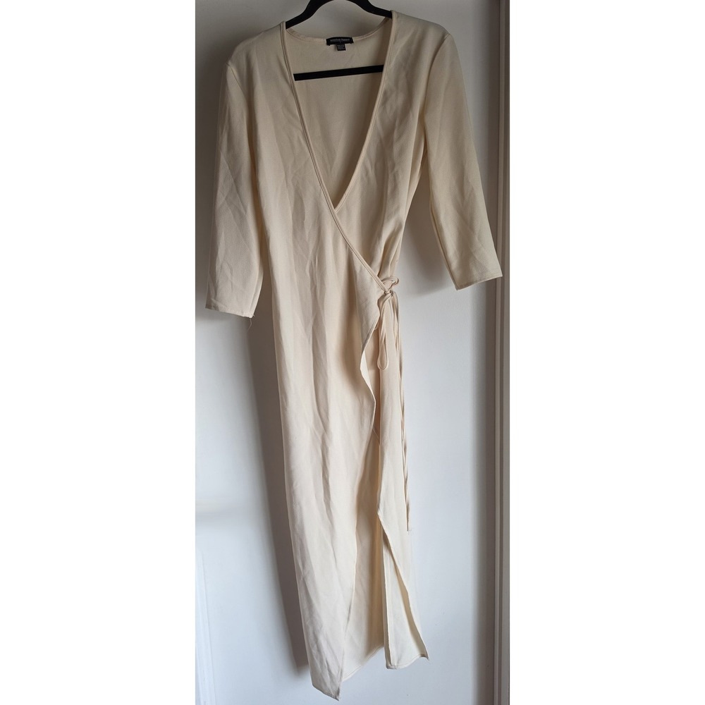 American Apparel Maxi Dress S Cream Solid V-Neck Long Sleeve Minimalist Wrap